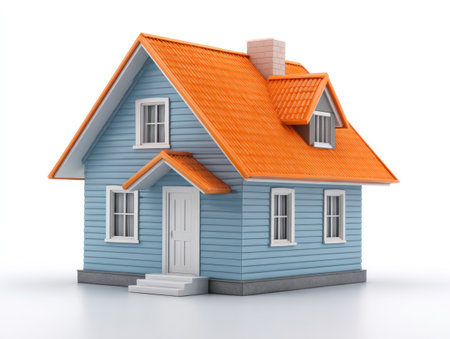 A detailed illustration depicts a blue house with an orange roof, windows, and a chimney. The composition features clean lines and a simple style. The bright colors contrast against a white background, suggesting a daytime setting. This image could be suitable for architectural, real estate, or design-related visual content.の素材