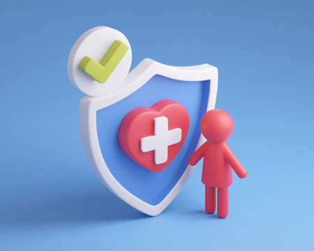 A vibrant illustration presents a health concept, featuring a shield, heart, and stylized human figure. The composition uses bright colors and a smooth texture against a solid blue backdrop. This image could be suitable for health-related advertising, educational materials, or editorial content.の素材
