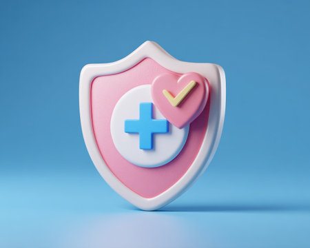 A stylized image presents a protective shield emblem featuring a heart with a checkmark and a medical cross. The design utilizes a pastel pink, blue, and white color scheme, with smooth textures and soft lighting. This composition suits health-related themes and is suitable for various commercial or editorial uses.の素材