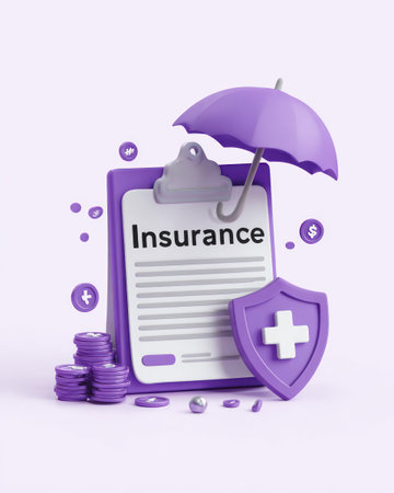 This image showcases an insurance concept through a purple umbrella, a clipboard, and a shield. The composition features a clean, simple design with a focus on visual clarity. It uses a monochromatic purple palette with a minimalist approach. The image suggests financial security and protection, suitable for various commercial or advertising needs.の素材