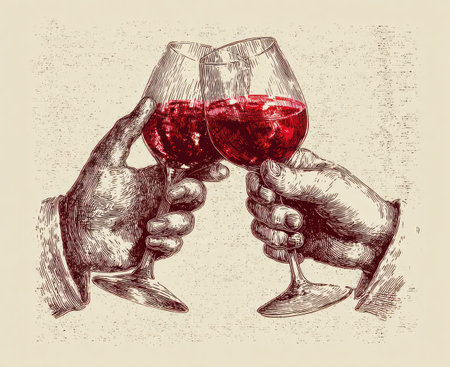 Two hands raise wine glasses in a celebratory toast, depicted with an illustrative, textured style. The composition features rich reds within the glasses, set against a neutral background. This artwork's visual elements suggest themes of conviviality, offering potential use in various editorial or commercial projects.の素材