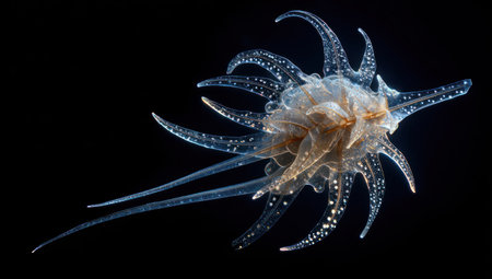 An image showcases a translucent, complex marine invertebrate, likely a type of jellyfish or similar species, against a stark black background. The creature features multiple extended appendages. Its design suggests a deep-sea setting or scientific illustration. The image is suitable for educational purposes and various commercial uses.の素材