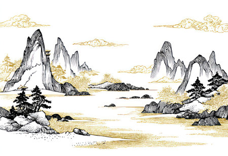 An ink illustration showcases a mountain landscape with trees, clouds and water. The composition employs black and gold colors with detailed lines. The scene suggests an outdoor environment with a calm atmosphere, suitable for various editorial and commercial applications. The design highlights a traditional artistic style.の素材