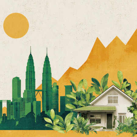An illustration depicts a house blending with natural elements, set against a cityscape backdrop. The composition features a sun and a color palette of greens, yellows, and whites, suggestive of a bright day. This creative image is suitable for various commercial uses, including advertisements and editorial content.の素材