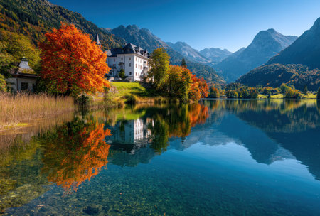 A picturesque landscape showcases a castle reflected in serene lake waters. Vivid fall colors adorn trees, contrasting against the blue sky and distant mountain range. The composition employs natural light, and the scene evokes a sense of tranquility. It is suitable for various commercial uses and editorial applications.の素材