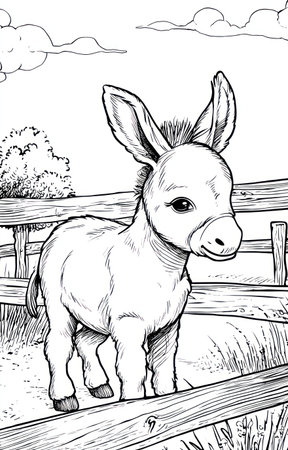 An ink illustration depicts a young donkey standing near a wooden fence in an outdoor setting. The artwork features detailed lines and textures, creating a grayscale image. The composition suggests a pastoral environment with possible uses for educational or illustrative purposes.の素材