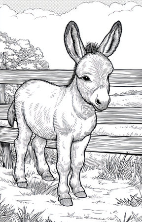 An illustrated donkey stands beside a wooden fence. The image showcases a black and white style with cross-hatching to define textures and shadows. The outdoor setting indicates a rural environment with grassy terrain. Suitable for illustrative purposes or educational content.の素材