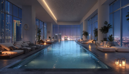 An indoor swimming pool is presented with large windows offering an expansive city view at night. The scene features soft lighting, creating a relaxing atmosphere. The image showcases modern architecture, clean lines, and potential use for luxury, travel, or architectural designs.の素材