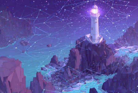 An illustrated lighthouse stands on a rocky island surrounded by water. The composition showcases a nighttime scene with a vibrant color palette of purple, blue, and white. The artwork style resembles digital illustration with geometric elements suggesting connectivity. Suitable for diverse applications including editorial and marketing.の素材