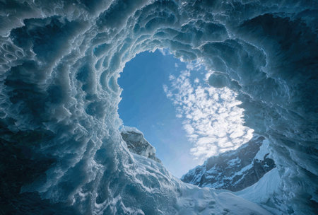 An overhead view reveals the interior of an ice cave, exhibiting a textured, frozen structure. The composition emphasizes the contrast between the cold, blue hues of the ice and the open sky with scattered clouds. Ideal for various commercial uses, including illustrations and conceptual designs.の素材