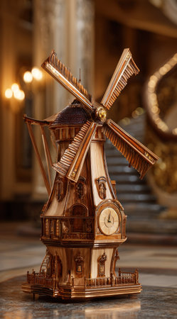 An ornate clockwork windmill sculpture is depicted in a warm, indoor setting. The object features detailed craftsmanship in bronze and ivory hues, with visible gears and a clock face. The composition suggests a decorative or collectible item, suitable for various editorial and commercial applications. Soft lighting enhances the textures and depth.の素材