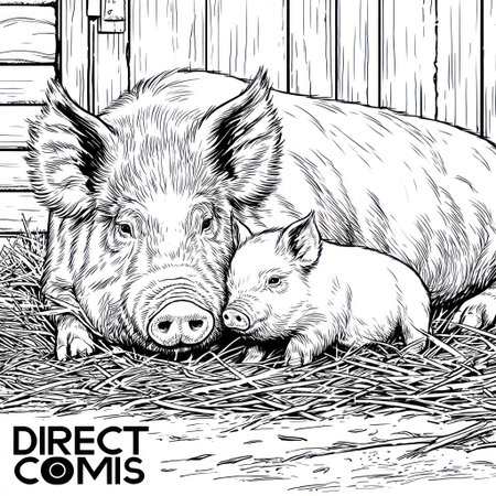 An ink illustration depicts a sow and a young piglet lying near each other. The monochromatic image highlights detailed textures of fur, straw, and wood. The composition uses a close-up perspective, possibly suggesting a rural or farm setting, suitable for various editorial and commercial applications.の素材