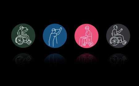 Four colored circular icons depict individuals with disabilities using mobility aids or performing actions. The illustrations are in a simple, line art style, rendered with subtle shading. The composition includes reflections on a dark backdrop, creating a sense of depth and focus. Suitable for diverse applications in areas such as design and informational graphics.の素材