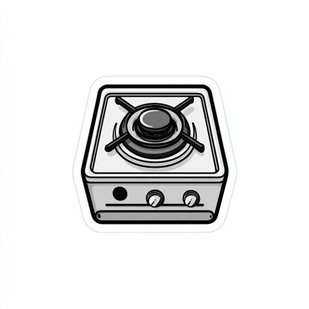This illustration showcases a simplified gas stove design against a white backdrop. The object is rendered with clean lines, featuring a combination of gray and black colors. The design employs a flat style, appropriate for graphic design projects. It could be used for culinary, instructional, or commercial applications.の素材