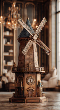 A detailed wooden windmill model is the focal point, showcasing intricate craftsmanship. The image highlights the structure's ornate design with rich brown tones and warm lighting. The blurred background hints at an interior setting, possibly a living space or display area. The image is suitable for various commercial uses related to crafts, design, or decorative art.の素材