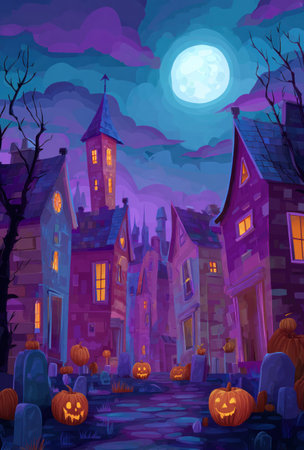 An illustration depicts a vibrant Halloween scene, featuring illuminated pumpkins and whimsical houses. The artwork showcases a composition with rich purple and blue hues, creating a nighttime ambiance. This imagery may be suitable for seasonal themes, holiday promotions, or illustrative editorial content.の素材