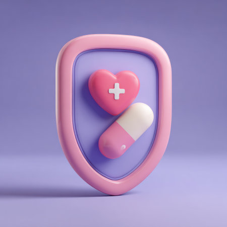 An illustration features a shield containing a heart symbol and a pill. The heart shows a white cross. The objects are rendered in a 3D style with smooth textures and pastel colors against a solid backdrop. The image likely conveys concepts of medical care and treatment suitable for a range of promotional uses.の素材