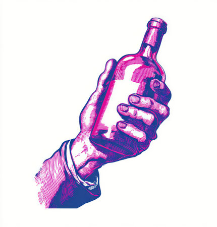 An illustration depicts a hand gripping a wine bottle. The image uses a limited color palette of purple and blue hues, creating a stylized effect. The composition is simple, with a plain white backdrop. This image is suitable for various commercial uses, including advertising and editorial content.の素材