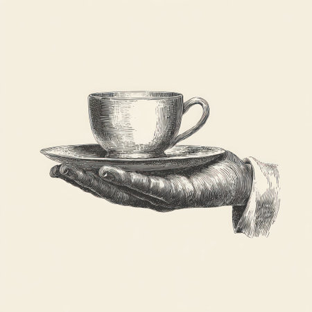 An illustration depicts a hand holding a teacup and saucer. The image utilizes a monochrome palette, highlighting the textures through detailed linework. The composition suggests an indoor setting, possibly evoking themes of hospitality or service, suitable for various editorial and commercial applications.の素材