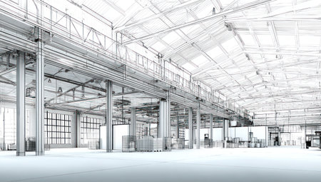 A spacious industrial warehouse interior is depicted in a light, airy style. The structure features a complex network of beams and supports. The image showcases a sense of openness with large windows and a high ceiling. This render could be utilized for design, architecture, or commercial projects.の素材