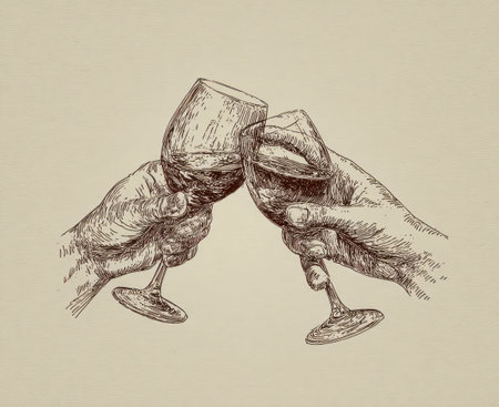 Two hands raise wine glasses in a celebratory gesture, depicted through an artistic sketch. The monochromatic style emphasizes the detailed linework of the hands and glassware against a neutral background. This illustration is suitable for various design projects, including editorial content and promotional materials.の素材