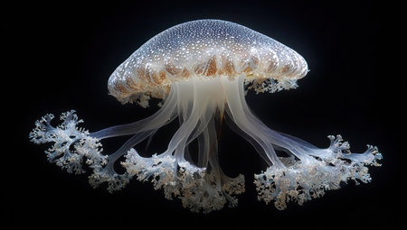 A luminous jellyfish floats gracefully against a stark black background. Its translucent bell is speckled, and delicate tentacles trail below. The composition utilizes high-contrast lighting, highlighting the creature's intricate details and textures. Suitable for illustrating marine life, scientific publications, and artistic design projects.の素材