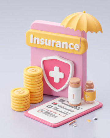 This illustration showcases an insurance concept with symbolic elements. The composition includes an umbrella, coins, and medical supplies rendered in a 3D style. Pastel colors and soft lighting create a clean aesthetic. Suitable for various applications related to health, finance, or business topics.の素材