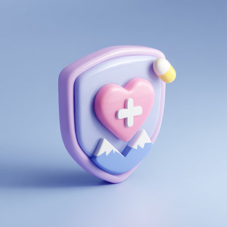 An illustrated emblem features a pink heart with a white cross inside a shield shape. The shield incorporates mountain illustrations. The color palette includes pastel hues. The image suggests health, protection, and well-being suitable for use in promotional materials or educational content.の素材