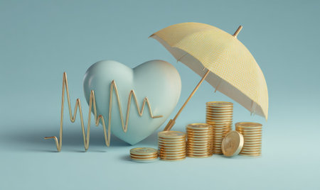This image depicts a conceptual illustration featuring a heart, coins, and an umbrella, all rendered in a soft, pastel palette. The composition has a shallow depth of field, with soft lighting and a clean aesthetic. It may be suitable for illustrating topics related to health, insurance, or financial security and is appropriate for various commercial applications.の素材