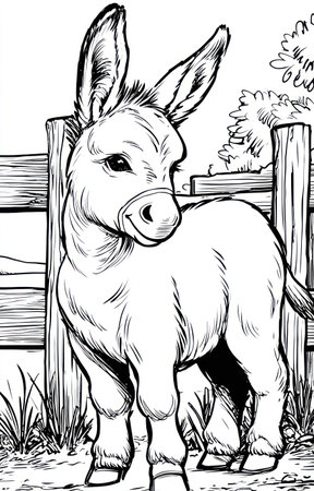 An ink illustration depicts a donkey standing next to a wooden fence. The artwork uses black lines to create a detailed image, highlighting the animal's features and the textures of the wood and grass. The composition appears outdoors, suitable for various editorial and commercial applications.の素材