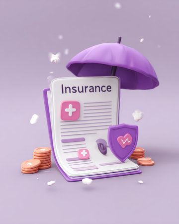 An illustration depicts an insurance concept, featuring a document with health icons, an umbrella, coins, and a shield, all in a uniform purple palette. The style is modern with soft lighting and a minimalist composition, evoking a sense of security and protection. This image is suitable for various commercial uses, including advertising and educational materials.の素材