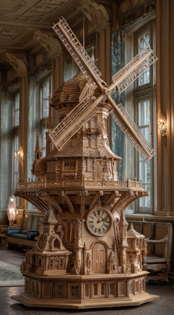 A detailed wooden windmill model dominates the indoor scene, showcasing intricate carvings and a working clock. The piece displays a warm, natural color palette with detailed textures under soft lighting. The composition suggests craftsmanship, potentially suitable for decorative, architectural, or historical context editorial use.の素材
