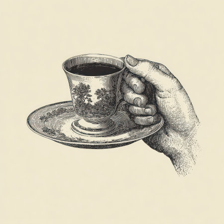 An engraved illustration depicts a hand gently holding a teacup and saucer. The teacup features a landscape design, while the saucer complements with matching details. This black and white composition uses detailed linework and classic style, suggesting a vintage or historical theme suitable for various commercial purposes.の素材