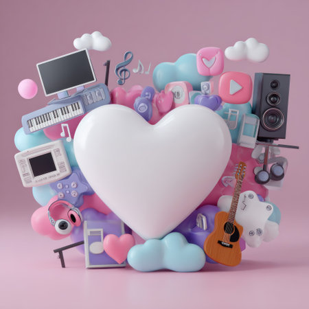 A heart shape composed of various elements symbolizes technology and social media. Soft colors and a 3D rendering style create a modern design with musical instruments and communication icons. This conceptual imagery suits digital marketing, creative content, and visual communication materials.の素材