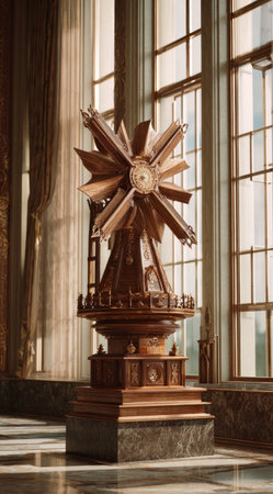 A complex wooden sculpture stands centered in a grand room with large windows. The object features detailed carvings and a multi-tiered design, primarily using shades of brown. The image displays a well-lit interior, showcasing the artwork's intricate details and the architectural space. Suitable for various editorial and artistic applications.の素材