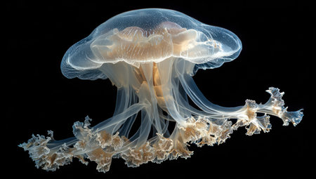 A translucent jellyfish drifts elegantly against a stark black background. The creature displays soft, diffused lighting, revealing intricate details of its form. Its bell-shaped body and trailing tentacles create a sense of movement. This image is suitable for various applications, including editorial content and design projects, showcasing marine life.の素材