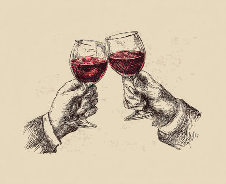 Two hands holding wine glasses filled with red liquid are shown in a vintage illustration. The image showcases a black and white sketch style with subtle texture, and depicts a celebratory gesture. It suggests a social gathering or a moment of enjoyment, potentially suitable for editorial content or promotional materials.の素材