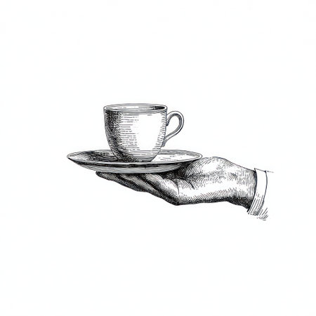 An illustration depicts a hand presenting a coffee cup and saucer. The monochromatic artwork showcases detailed shading and texture. The composition focuses on a central element. This image may be suitable for various editorial and commercial applications.の素材
