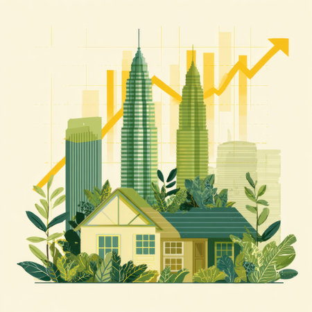 An illustration depicts a house and skyscrapers with an upward pointing arrow, suggesting financial growth. The artwork uses a flat design with a warm color palette. It features stylized representations of buildings and foliage. Suitable for use in financial reports, presentations, and marketing materials related to real estate.の素材