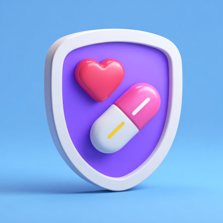 This image presents a stylized shield featuring a heart and a pill, set against a solid blue backdrop. The illustration uses bright colors, smooth textures, and a 3D rendering style. The composition suggests themes of health, medicine, and protection, suitable for various commercial applications in healthcare or related fields.の素材