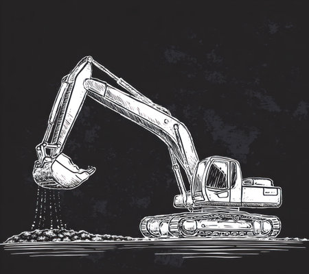 An illustration depicts a heavy construction excavator in a monochromatic style. The image showcases the vehicle's mechanics and bucket emptying material. The artwork uses a sketch-like style with attention to detail and texture, set against a dark background. This image is suitable for commercial uses, as well as educational materials.の素材