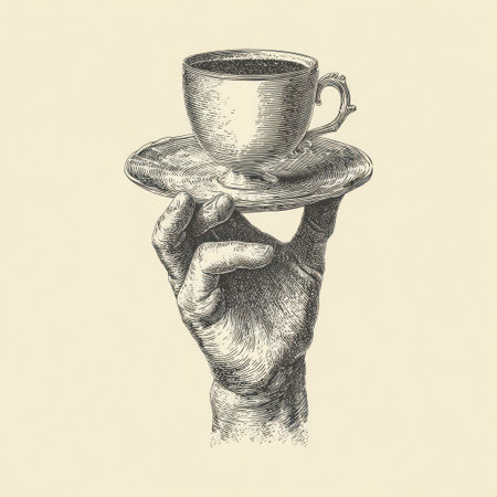 An illustration depicts a hand supporting a coffee cup and saucer. The image is rendered in a vintage engraving style using grayscale tones, emphasizing texture and form. The composition focuses on the hand and the objects. This image could be used for various projects.の素材