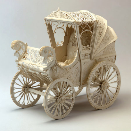 An ornate model carriage is presented against a plain backdrop, showcasing detailed craftsmanship. The object's delicate design is highlighted by soft lighting, revealing its textured surfaces. The neutral setting suggests studio photography, suitable for commercial projects that require historical or ornamental elements. The piece presents well for applications like decorative arts or historical illustration.の素材