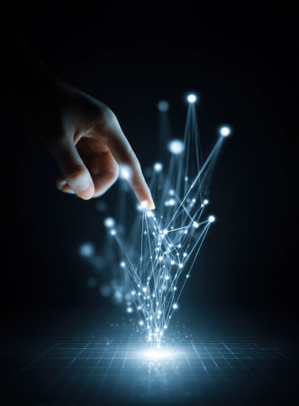 A hand points towards a luminous network of connecting points and lines against a dark backdrop. The composition features cool blue and white tones with an emphasis on light and shadow. This conceptual image may be suitable for illustrating technology, communication, or futuristic themes. Its use could span various commercial applications.の素材