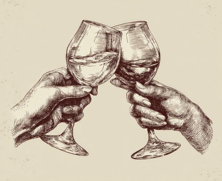 Two hands raise wine glasses in a sketched illustration. The image showcases detailed line work and a vintage style. Soft lighting and a neutral background provide context. Suitable for celebratory themes and visual content, the illustration could be used in design projects and various editorial contexts.の素材