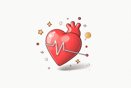 An illustrated red heart, featuring a pulse line and several decorative elements against a white backdrop, represents health and vitality. The composition uses bright colors and a soft style, suggesting a clean, modern aesthetic. Suitable for a range of uses including medical, educational, and informational publications.の素材