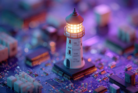 A small illuminated lighthouse sits atop a complex computer circuit board. The image displays a close-up perspective, highlighting the textures of both the miniature structure and the electronic components. Cool-toned lighting and a shallow depth of field create a focus on the subject. This image may be suitable for illustrating technology, innovation, or conceptual themes.の素材