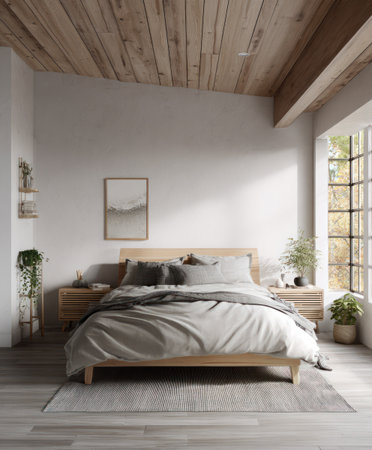 A well-lit bedroom showcases a bed with neutral-toned bedding. The space features wooden elements, including the ceiling and bed frame, along with side tables and a light-colored wall. The room is bathed in natural light, suggesting a daytime setting. Ideal for interior design concepts, lifestyle imagery, or editorial use.の素材