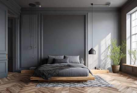 This image presents a modern bedroom interior featuring a bed and a large window. The scene is illuminated by natural light, casting soft shadows across the gray walls and wooden floor. The composition includes a bed with pillows and bedding, a rug, and plants. Suitable for use in design, decoration, or editorial content.の素材