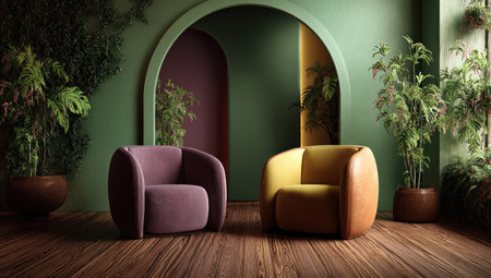 Two contemporary armchairs sit in a room with a naturalistic aesthetic. The setting features green and brown tones, with plants and arched doorways. The scene incorporates a wooden floor and various textures. Suitable for illustrating interior design, lifestyle, and home decor themes. The image's lighting is even.の素材